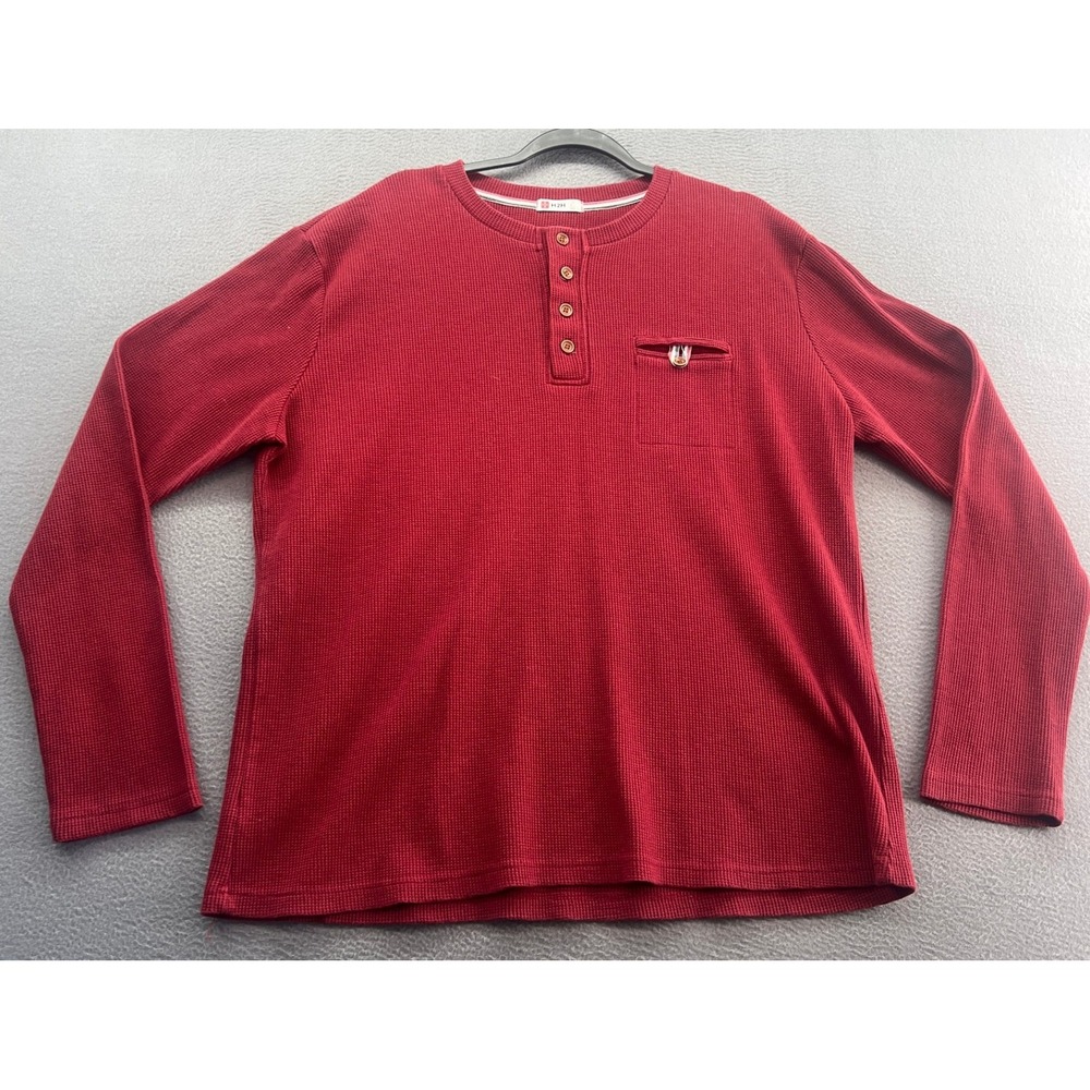 H2H Shirt Mens 4XL Long Sleeve Thermal Henley Shirt Red Pocket Button Up